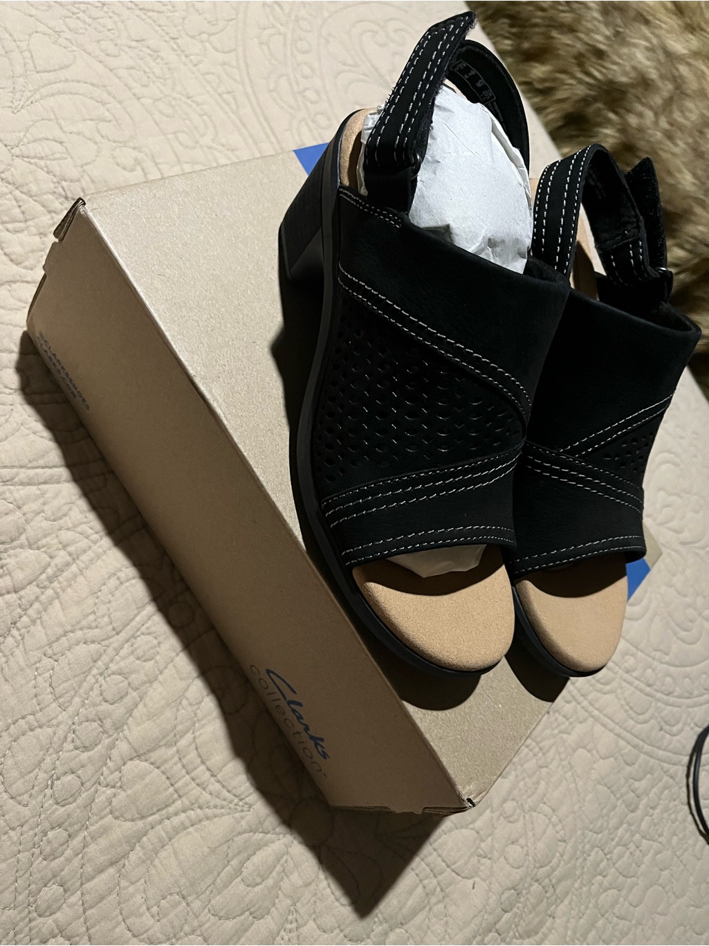 Clarks Black Open-Toe Slingback Sandals With Tan Footbed
